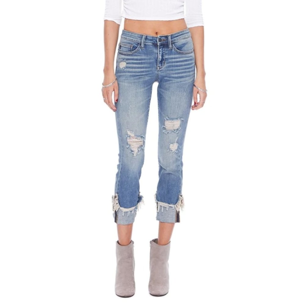 Judy Blue | Girlfriend Distressed Mid Rise Cuffed Straight Jeans